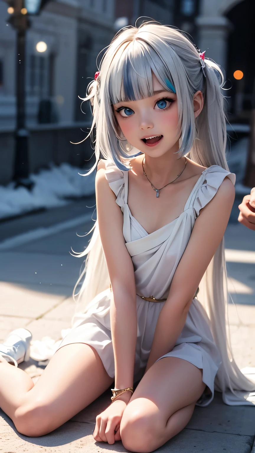  Girl  ,  who was chained to the ground. New Year's theme. snow maiden. Corrupted little anime girl evil smirkingУлыбаться,  open mouth ,  high definition , 1 girl, solo, Смотрит на зрителя, Ковбойская съемка, Закрытый рот, Блеск, Световые эффекты фильма, Стиль аниме, 