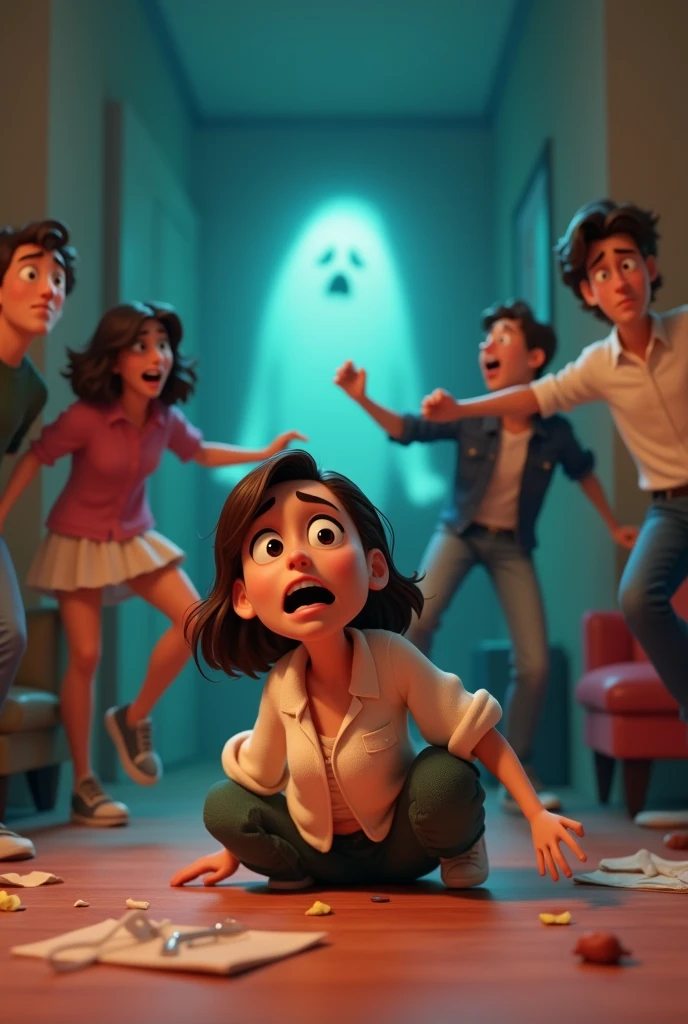 Cartoon 3D of Group old Asians woman with a fascinated mouth open while watching a Netflix movie on a big smart TV. The movie is a creepy horror movie.