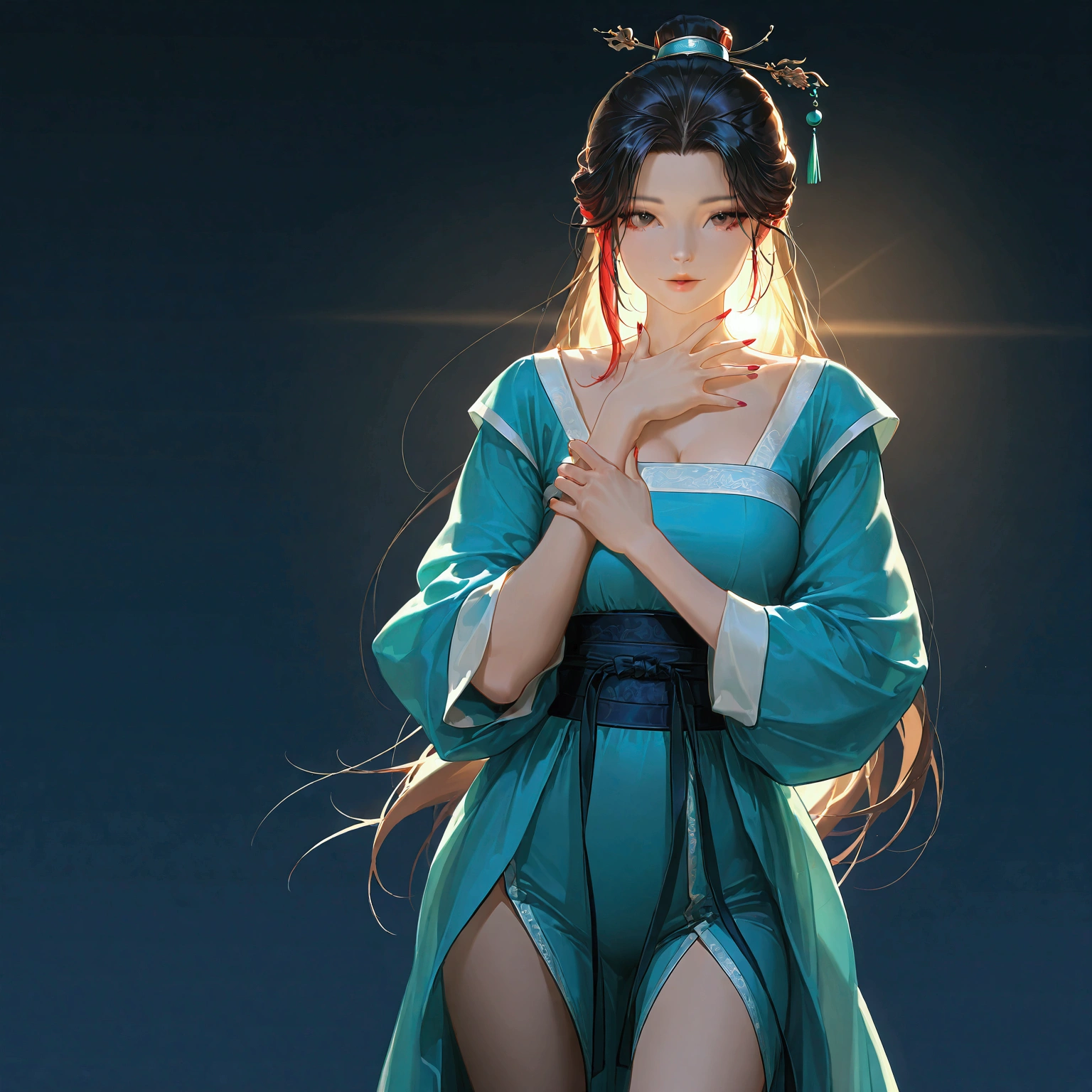 gufeng, guofeng, chinese clothes, hanfu, 1girl, solo, nail polish, from viewer,  cowboy shot, 
masterpiece, best quality, realistic, 8k, official art, cinematic light, ultra high res, perfect female body, sharp focus, 
HDR, 8k, amazing quality, very aesthetic, absurdres, newest, (volumetric lighting), photorealistic, photo background, detailed skin, detailed eyes, detailed hair, fantasy,