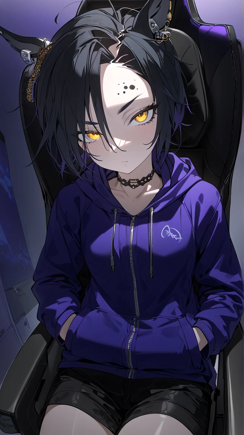  top quality , masterpiece,  High Definition ,   Ultra Fine ,  High Details, accurate, masterpiece, 

 Shakur  \(Horse Girl\),
Her room(Server Room), Gaming Chair, computer ,2 piercings on the left eyebrow ,Late teens( high school girl), mature vibe
Choker , look,Girl in a loungewear ( purple hoodie , Korean-style black shorts ),medium height ,Mature atmosphere, cool women, cool woman , slender , slender body ,adult woman
One girl , Alone, Horse ears,, golden eyes,  beautiful skin in NFSW, flat chest, black hair, closeup ,Golden Eyes, flat chest,Amazing small breasts, poor eyesight ,
 Gaming Chairに座る, Gaming Chairに座ってくつろいでいる,Put your hands in the hoodie , Put both hands in pockets, Angle of looking up at her sitting on the gaming chair, lower angle , angle from below, angle where viewers look up at her from below ,  protrudes from the screen,  she looks down on her viewers,Let her zoom 