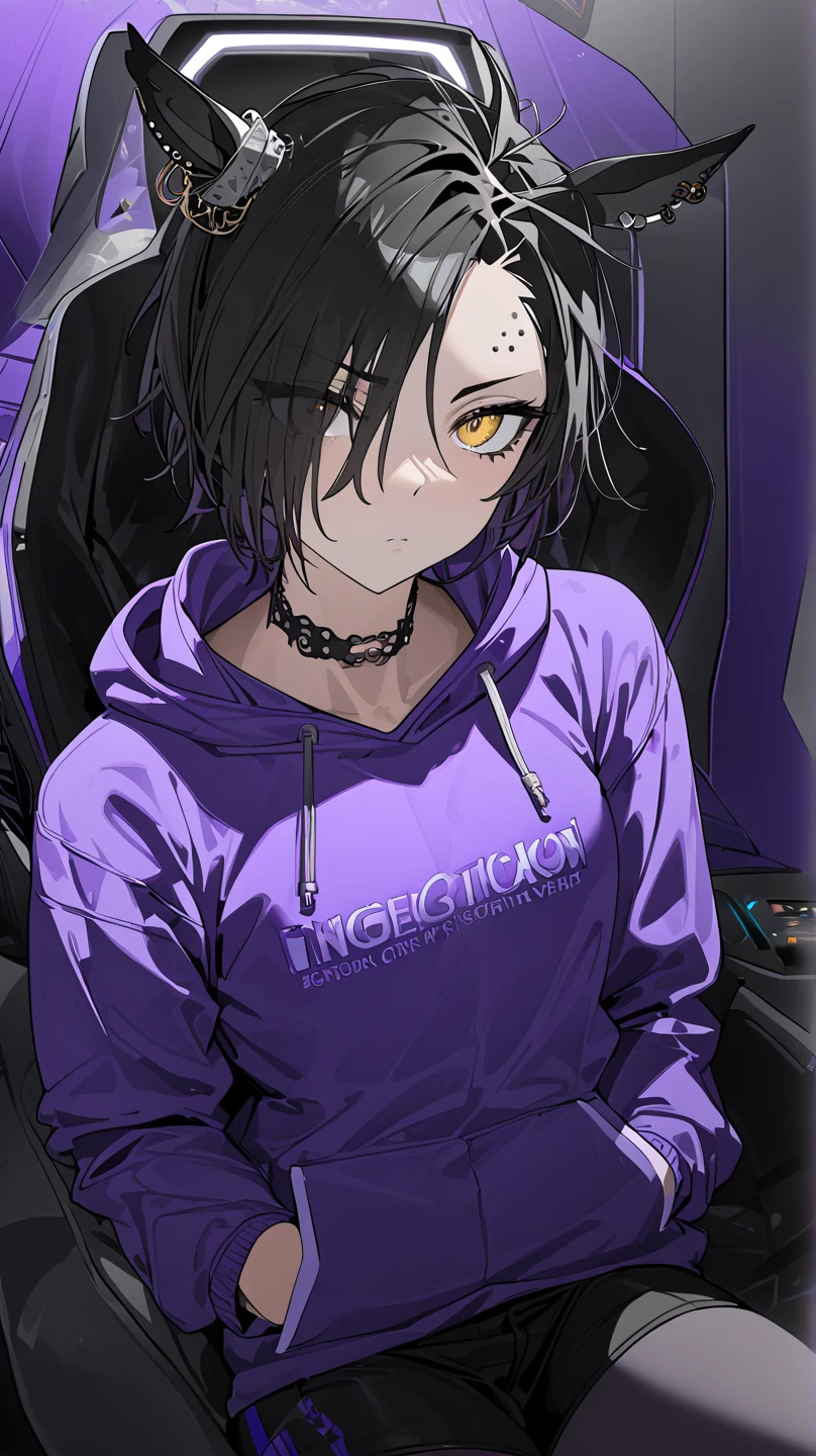  top quality , masterpiece,  High Definition ,   Ultra Fine ,  High Details, accurate, masterpiece, 

 Shakur  \(Horse Girl\),
Her room(Server Room), Gaming Chair, computer ,2 piercings on the left eyebrow ,Late teens( high school girl), mature vibe
Choker , look,Girl in a loungewear ( purple hoodie , Korean-style black shorts ),medium height ,Mature atmosphere, cool women, cool woman , slender , slender body ,adult woman
One girl , Alone, Horse ears,, golden eyes,  beautiful skin in NFSW, flat chest, black hair, closeup ,Golden Eyes, flat chest,Amazing small breasts, poor eyesight ,
 Gaming Chairに座る, Gaming Chairに座ってくつろいでいる,Put your hands in the hoodie , Put both hands in pockets, Angle of looking up at her sitting on the gaming chair, lower angle , angle from below, angle where viewers look up at her from below ,  protrudes from the screen,  she looks down on her viewers,Let her zoom 