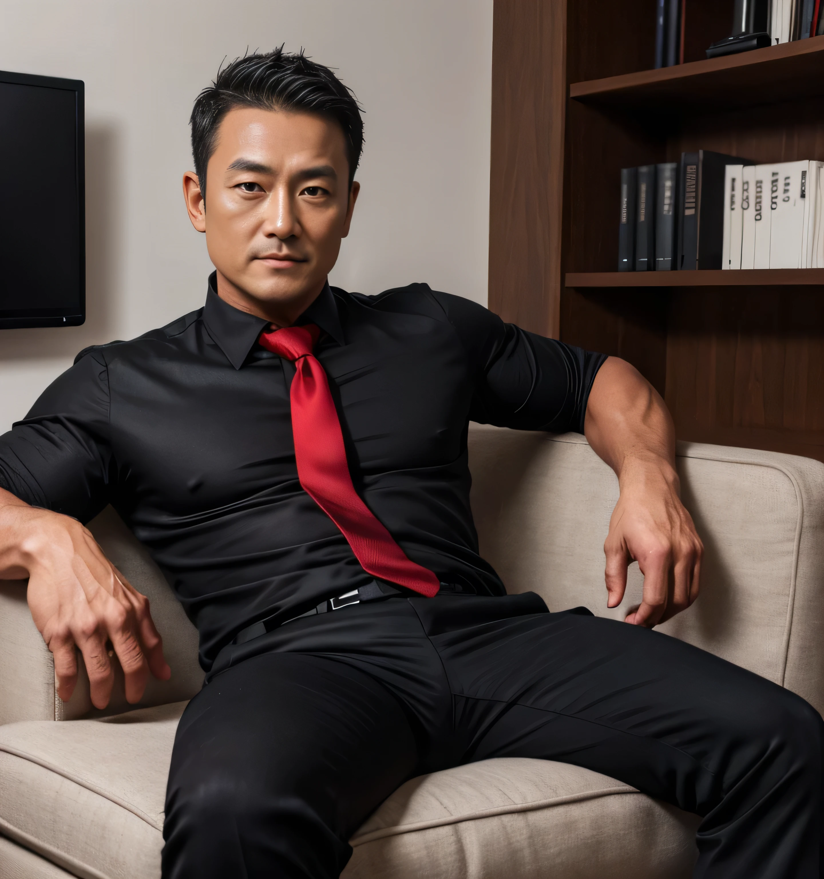 45 yers old,Hidetoshi Nakata,(Kogoro Mouri 1.3),Shirtless,Tong,agitated,office room,black long socks,Thin,musculature,lbeard,fortitude,artwork of a,tmasterpiece,k hd,Tong