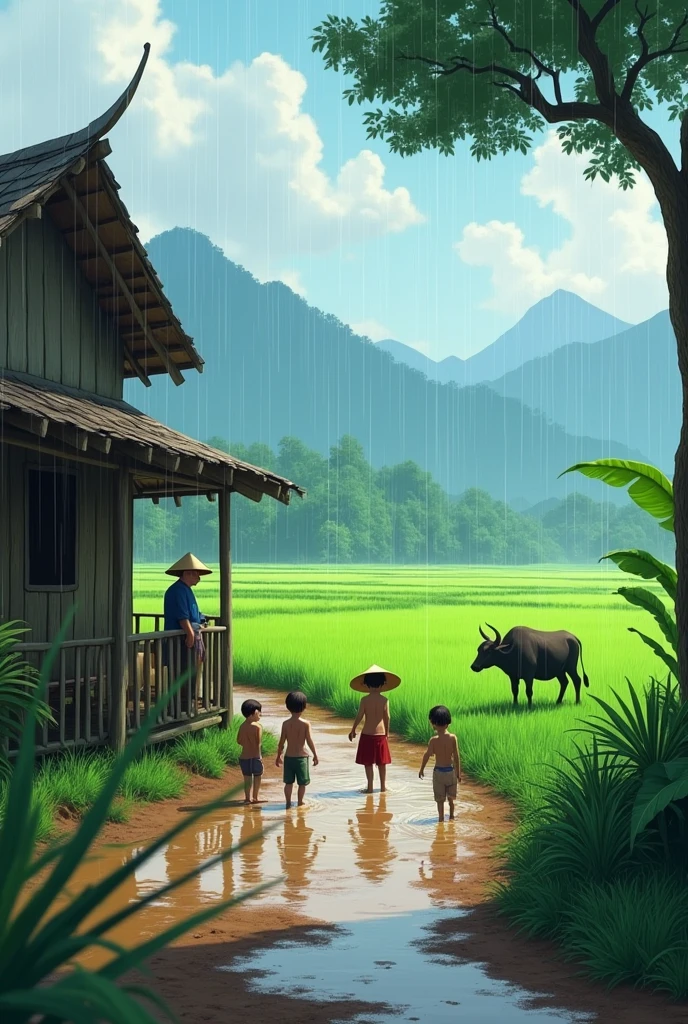  andhra pradesh village  sheep Buffalo in small water floating boys and girls playing in muddy water with muddy bodies
