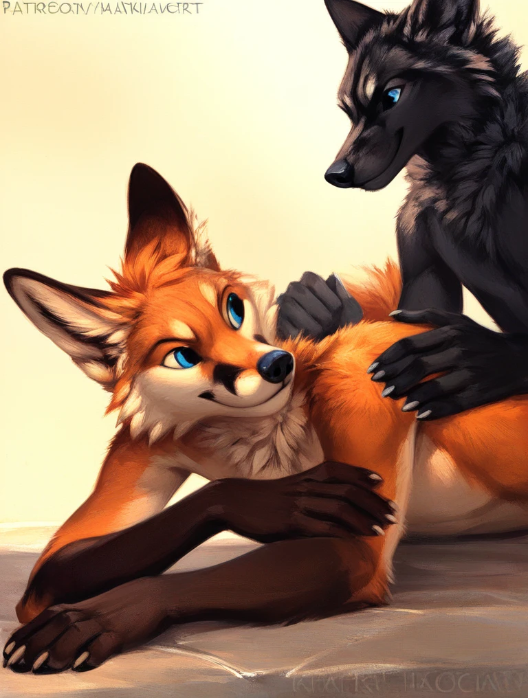 score_9, score_8_up, score_7_up, source_furry, rating_safe, by kenket, anthro, duo, male/male, wolf, black body, blue eyes, fox, orange body, doggy style, on belly, holding hips, legs, disappointment, amusement, fullbody portrait, strong
