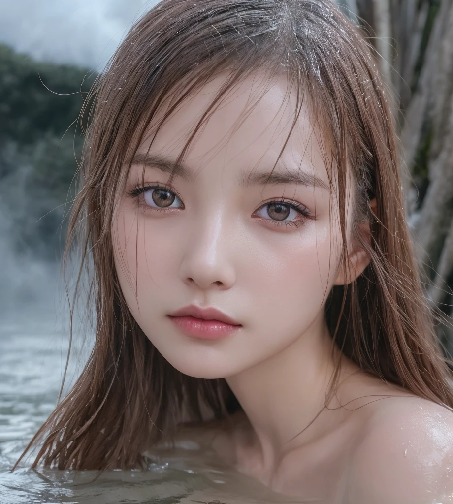 Top quality, fine detail, (beautiful one girl))), highly detailed eyes and face, (bubble bath), cheeks upbeat, (wet hair), sweat, (unclothed), zoom on face