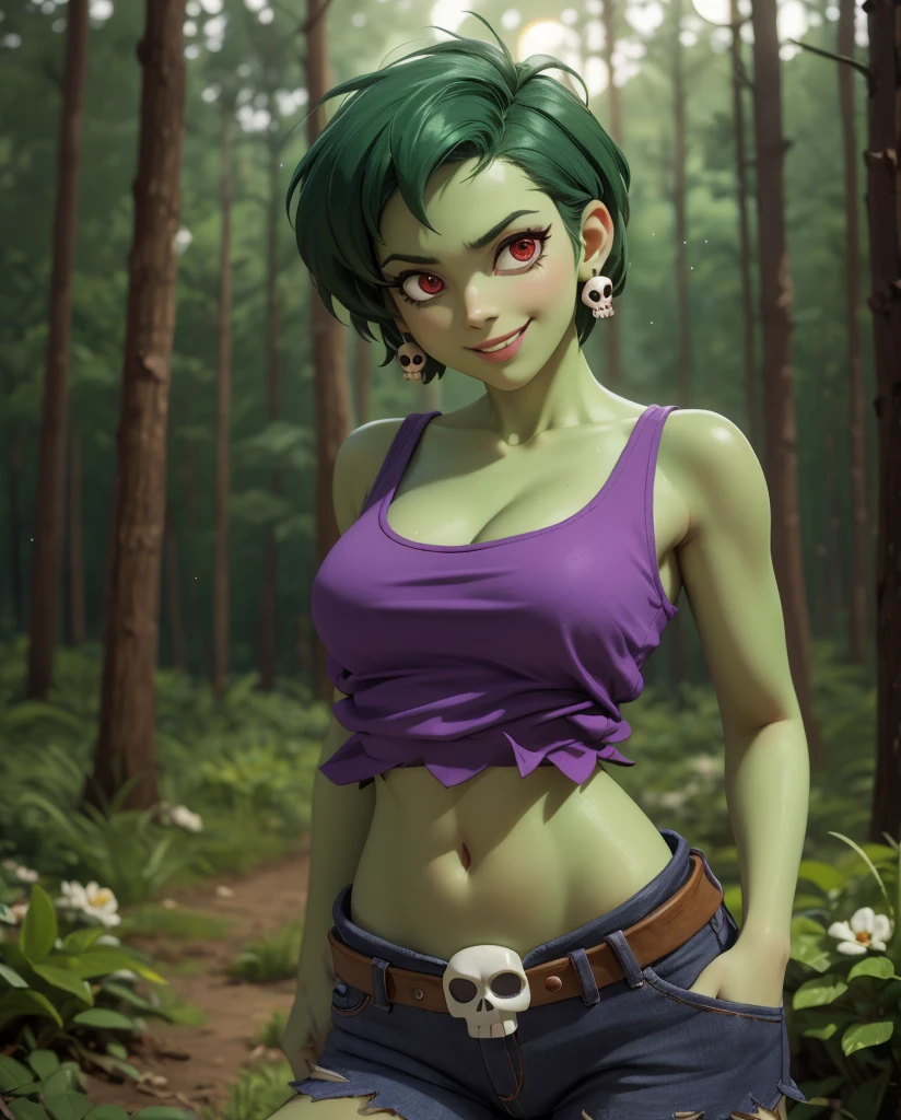 ((rottytops)), ((masterpiece)), ((high resolution)), ((solo portrait)), {(attractive figure), (toned body), (eccentuated curves), (green skin), (green hair), (red eyes), (white reflection in eyes), (short eyelashes), (smug grin)}, {(purple tank top), (midriff), (navel), (blue jean shorts), (exposed pockets), (skull earrings), (skull belt)}, {(standing), (looking at viewer)}, ((forest)), ((nighttime)), ((moonlight))