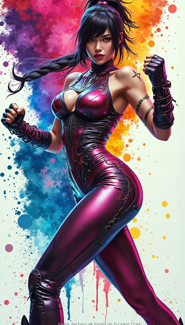 (masterpiece, top quality, best quality, official art, beautiful, cosmic, atmospheric, psychedelic, dreamlike and aesthetic, swirling psychedelic cosmic graffiti patterns:1.2), (1girl), extreme detailed,(fractal art:1.3),colorful,highest detailed, "(Best Quality, 8K, 32K, masutepiece:1.3), Ultra-detailed, (Photorealistic:1.4), pink and white colors, perfect color scheme, albino, Punk rock Girl, Detailed moonlight eyes, full body portrait, Luxurious neon purple punk hair, Edgy Harajuku-inspired punk rock fashion, super huge enormously gigantic tits, cleavage showing, Avant-garde makeup, Numerous piercings, Heavily tattooed body, swirling psychedelic cosmic dreamlike graffiti pattern background 