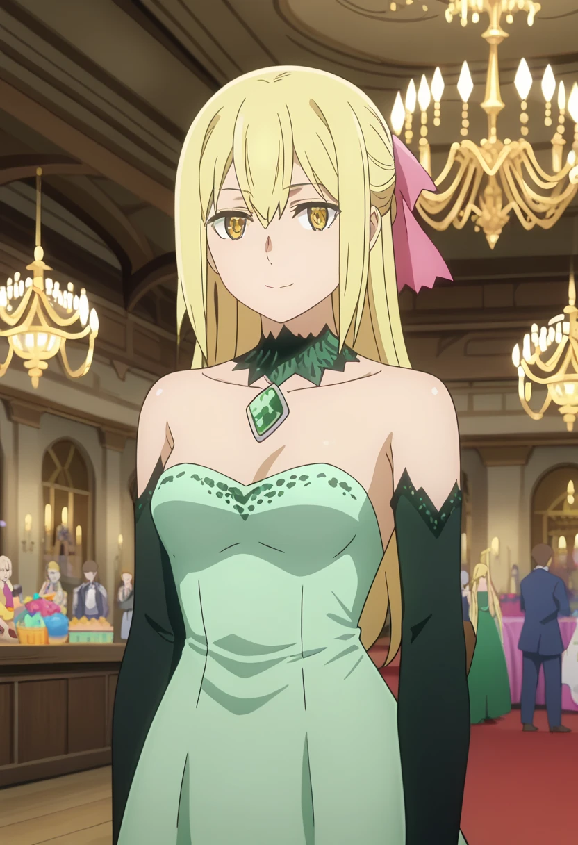 score_7_up, anime screencap,
1girl, solo, closed mouth, light smile,
long hair, blonde hair, hair between eyes, yellow eyes,
AisDress, hair ribbon, pink ribbon, detached collar, strapless dress, green dress, green gem, elbow gloves, black gloves,
standing, looking at viewer,
indoors, party, chandelier, medieval