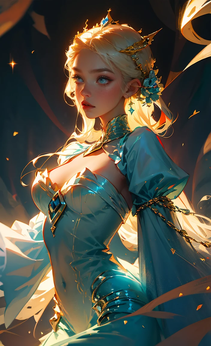 a beautiful 20 year old blonde woman with big messy hair in a blue dress, white stockings, black headband, cleavage, full body? fantasy art style, rossdraws cartoon vibrant, alice in wonderland cyberpunk, cute detailed digital art, colorfull digital fantasy art, digital fantasy art ), glossy digital painting, rossdraws pastel vibrant, rossdraws 2. 5, rossdraws 1. 0
