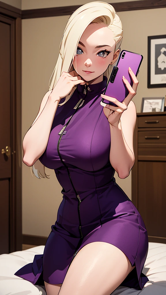 (( better quality)), (( masterpiece)), ((detailed)), perfect face, Yamanaka Ino,tight purple dress,  in the room, bed, Do you take a selfie in the mirrorAlta resolución,  masterpiece,  Precise,  The best quality ,  textured skin , , UHD,  a girl.