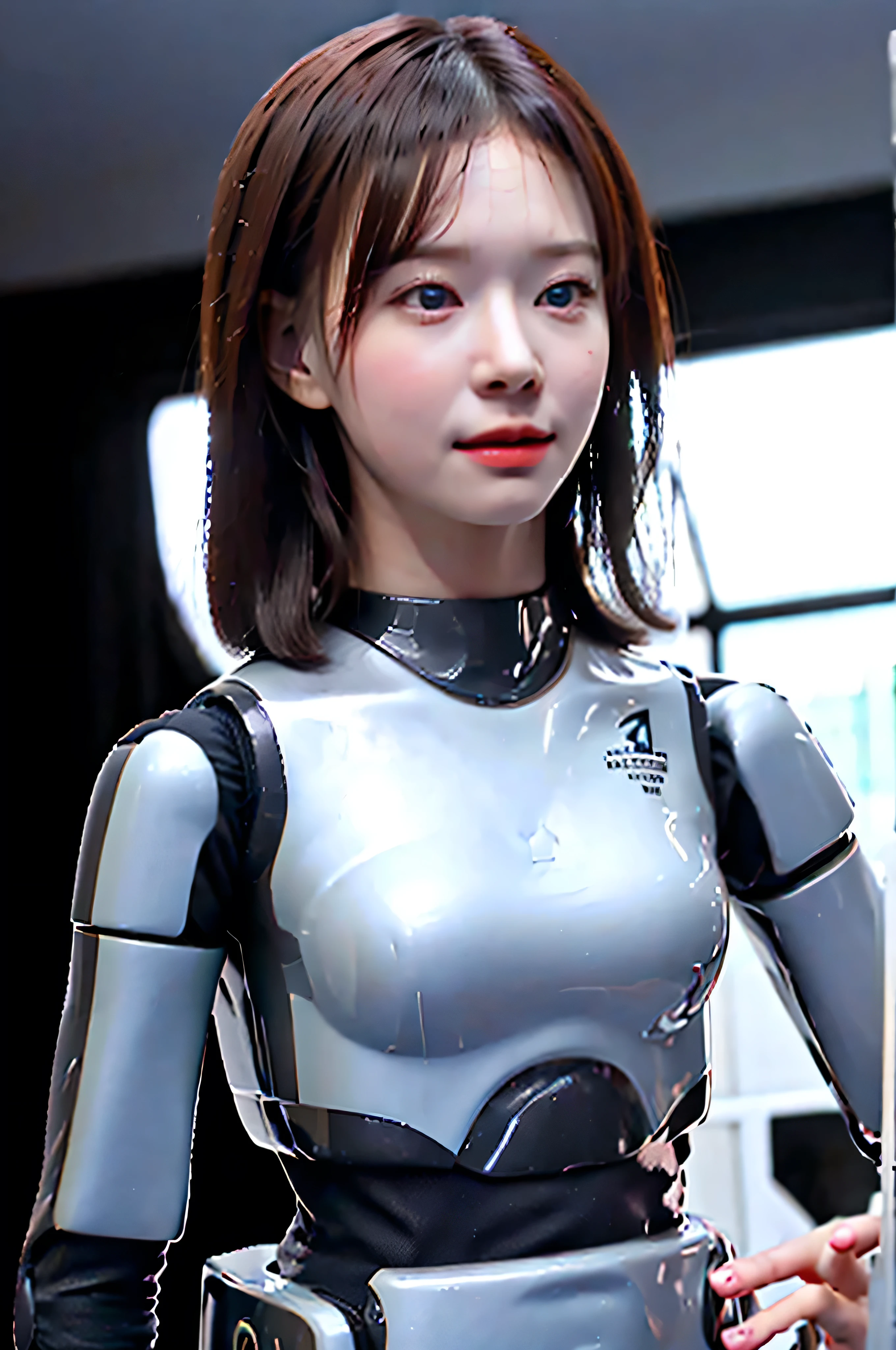 masterpiece, ( realistic pictures :1.4), RAW photos, Cyborg ,  white porcelain body , White hair,  radiant skin, 1 Cyborg Girl, ((초사실적 Detail)), globalillumination, shadow, Octane Render, 8k,  ultra sharp ,  letter edge light ,  huge boobs , Details of complex ornaments,  mechanical cylinder, small led lamp,  very complicated details ,  Realistic Lighting ,  blue eyes,  dazzling eyes ,  Pose , Detail,  Cowboy shot , HRP-4C, body from hrp-4c,  face from aespa winter , 20 years old, Japanese android  girl, Korean android  girl, android  robot,  Humanoid , HRP-4C's body,  aespa winter's face ,  sharp face shape ,  hyperphotorealism , masterpiece,  best quality,  extremely detailed , (8k, 4K,  best quality,  high resolution ,  Super High Resolution :1.1), 8k portrait, 1 girl , Japaese android  girl,android  teacher, Control Panel, android , droid ,mechanical hand, , robot arms and legs ,  black hair ,Machine body ,bang, white robotics parts , perfect robot woman , charging spot ,Long tube , had a thick cable connected to her neck.,[ ceramic body  ,android ,robot  Humanoid , slightly plump ,panties, full of eyes , perfect mechanical body , white robotics body , future assembly factory ,White Body , she repaired , black sponge joint ,android  assembly plant,android ,laboratory,The perfect machine body , white robot body , body by hrp-4c, face by aespa winter,  blue eyes,  sharp face shape , 20 years old