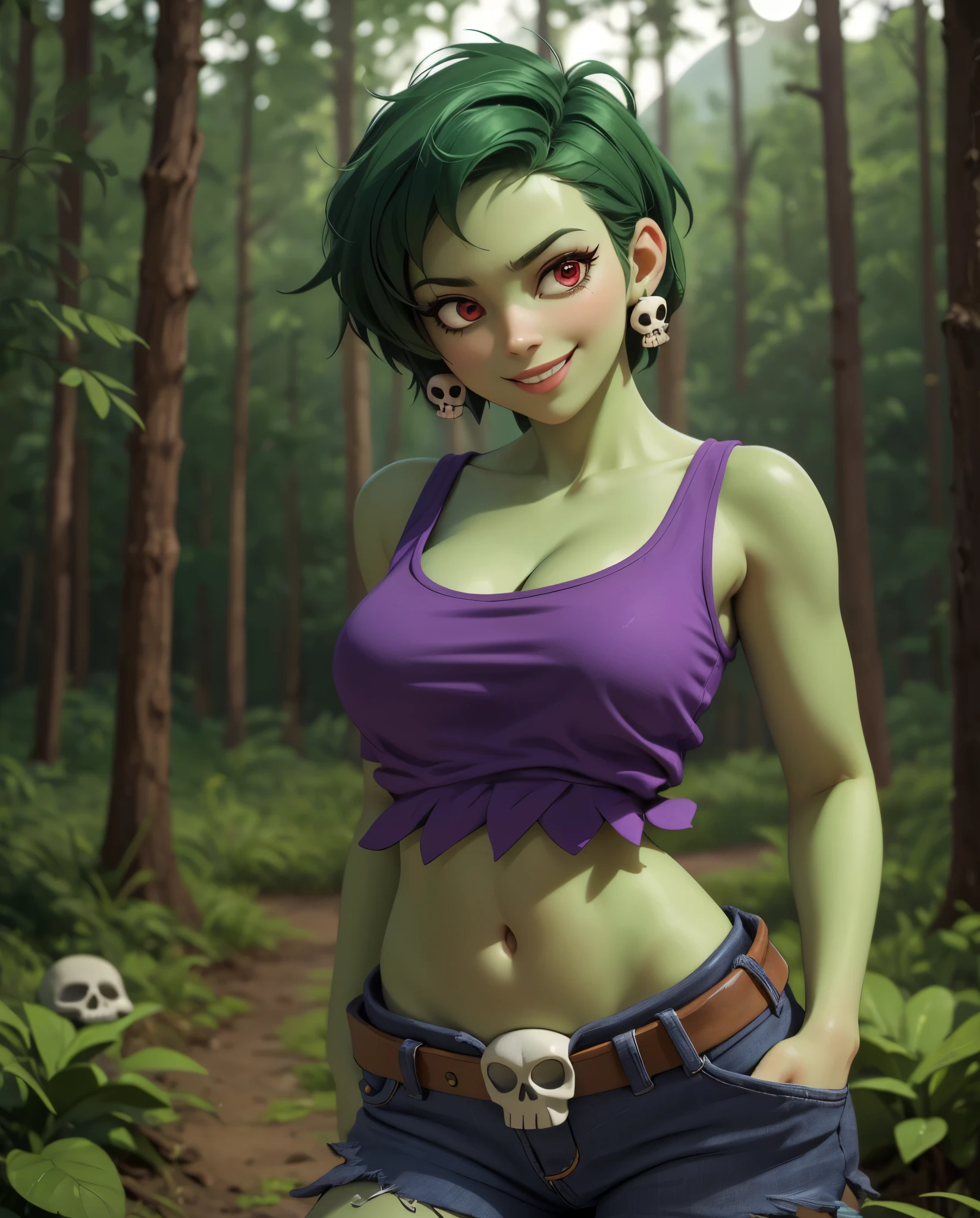 ((rottytops)), ((masterpiece)), ((high resolution)), ((solo portrait)), {(attractive figure), (toned body), (eccentuated curves), (green skin), (green hair), (red eyes), (white reflection in eyes), (short eyelashes), (smug grin)}, {(purple tank top), (midriff), (navel), (blue jean shorts), (exposed pockets), (skull earrings), (skull belt)}, {(standing), (looking at viewer)}, ((forest)), ((nighttime)), ((moonlight))