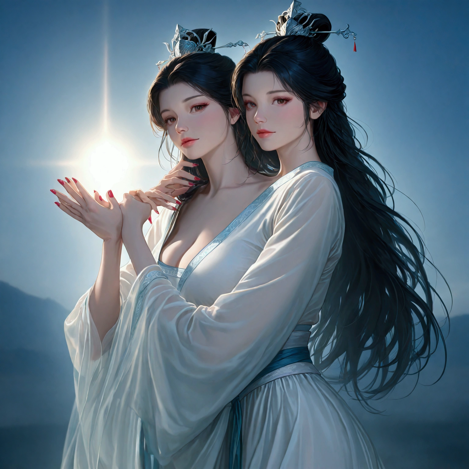 gufeng, guofeng, chinese clothes, white hanfu, 1girl, solo, nail polish, from viewer,  cowboy shot, 
masterpiece, best quality, realistic, 8k, official art, cinematic light, ultra high res, perfect female body, sharp focus, 
HDR, 8k, amazing quality, very aesthetic, absurdres, newest, (volumetric lighting), photorealistic, photo background, detailed skin, detailed eyes, detailed hair, fantasy,