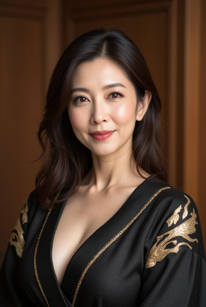 Mature Woman, ( Detailed description of the hair), (Detailed description of the face), (Detailed description of the body), High Definition , masterpiece,  top quality ,  High Details, formal: 1.4), ( realistic : 1.2, 超 realistic な: 1.1,  realistic: 1.37), ( sharp focus : 1.4), medium hair, (Ultimate beauty), (lipstick:1.1), ( eyeliner :1.2), ( mascara), ( Eye Shadow ), (55 years old,: 1.4), Japanese、 closeup 、 fine lines of laughter :1.2、seductive smile,(Black x gold embroidered accent kimono)、( autumn leaves and wooden studio background)、Happy Smile