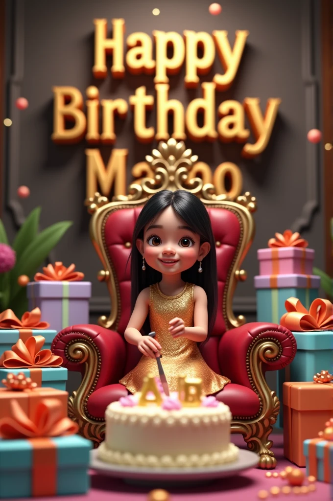 create realistic illusion image of A girl is sitting on a king chair and she is cutting the birthday cake, there are many gifts kept next to it and Happy Birthday MAHI, 3d text is written on the back wall
