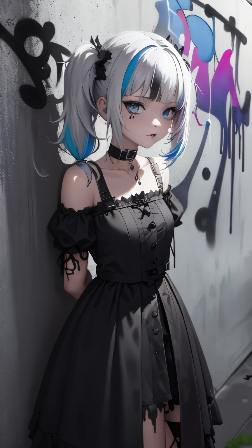 Gothic theme. masterpiece, best quality, 1girl, solo, choker, (graffiti:1.5), paint splatter, arms behind back, against wall, looking at viewer, multicolored hair, pigtails