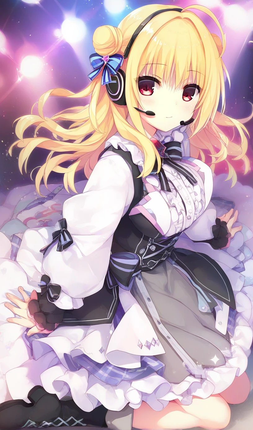 hiyori-default, red eyes, blonde hair,double bun, ahoge, idol concert, headset, stage lights, curtain, multicolored lighting, looking at viewer, idol costume, glossy dress, skirt, frills, lace trim, detailed embroidery, boots,