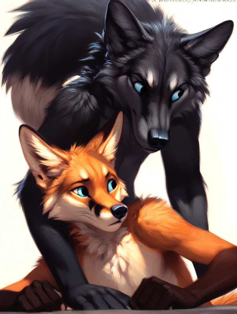 score_9, score_8_up, score_7_up, source_furry, rating_safe, by kenket, anthro, duo, male/male, wolf, black body, blue eyes, fox, orange body, doggy style, on belly, holding hips, legs, disappointment, sad, fullbody portrait, strong
