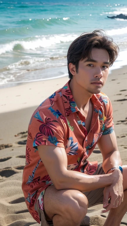 teenage boy ,Thai person, ,handsome,Wear a Hawaiian shirt, Wear tiger print underwear , Slim figure , No muscles. , ,No muscles. ,lean skinny, Stand and see the whole thing. , There is a seashore. , daytime