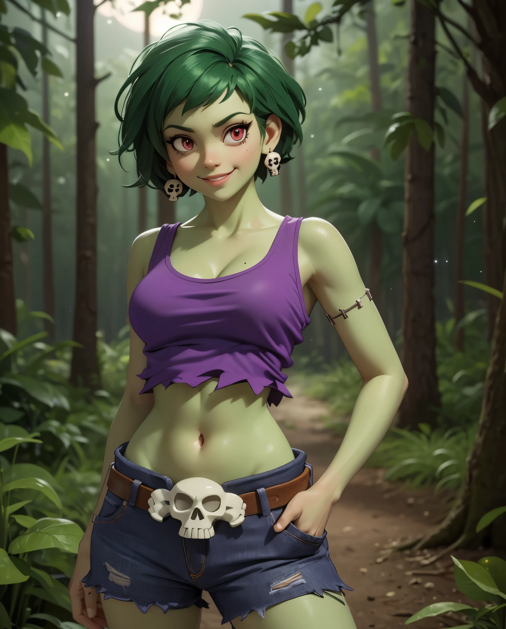 ((rottytops)), ((masterpiece)), ((high resolution)), ((solo portrait)), {(attractive figure), (toned body), (eccentuated curves), (green skin), (green hair), (red eyes), (white reflection in eyes), (short eyelashes), (smug grin)}, {(purple tank top), (midriff), (navel), (blue jean shorts), (exposed pockets), (skull earrings), (skull belt)}, {(standing), (looking at viewer)}, ((forest)), ((nighttime)), ((moonlight))