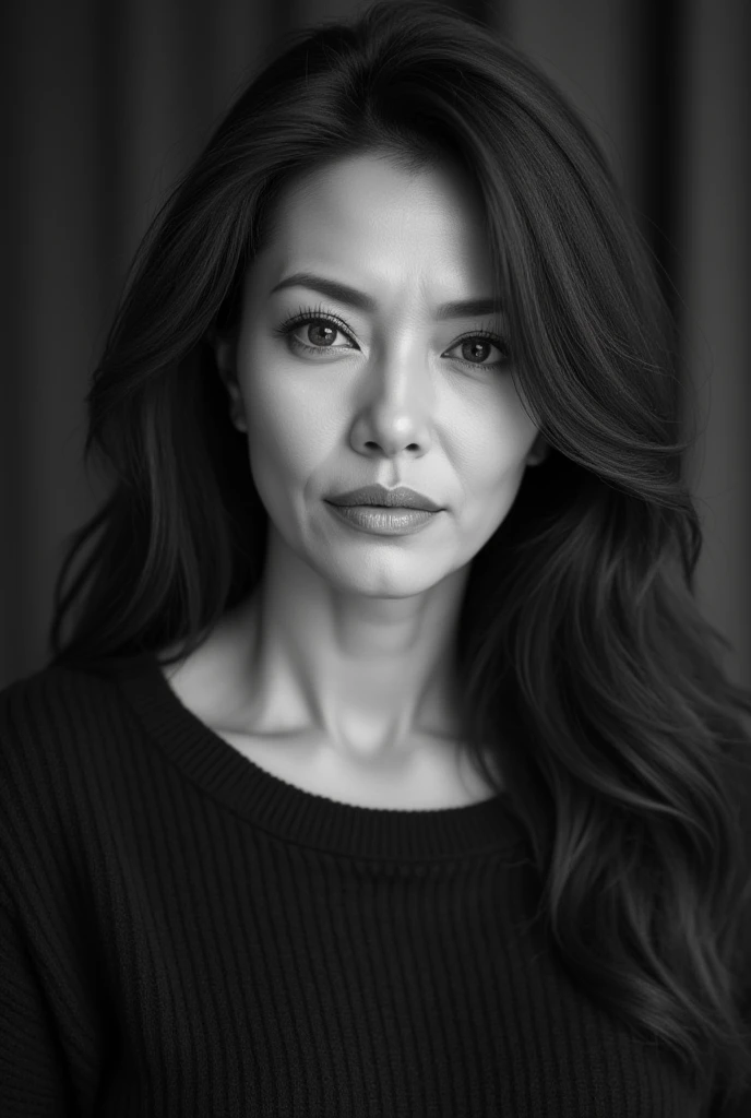 Mature Woman, ( Detailed description of the hair), (Detailed description of the face), (Detailed description of the body), High Definition , masterpiece,  top quality ,  High Details, formal: 1.4), ( realistic : 1.2, 超 realistic な: 1.1,  realistic: 1.37), ( sharp focus : 1.4),  is written by,  Physically Based Rendering,  wavy hair , ,  unrivaled beauty , (Ultimate beauty), (lipstick:1.1), ( eyeliner :1.2), ( mascara), ( Eye Shadow ), (48 years old,: 1.4), Japanese、 closeup 、 fine lines of laughter :1.2、seductive smile,,(black and white photography:1.5), sweater 