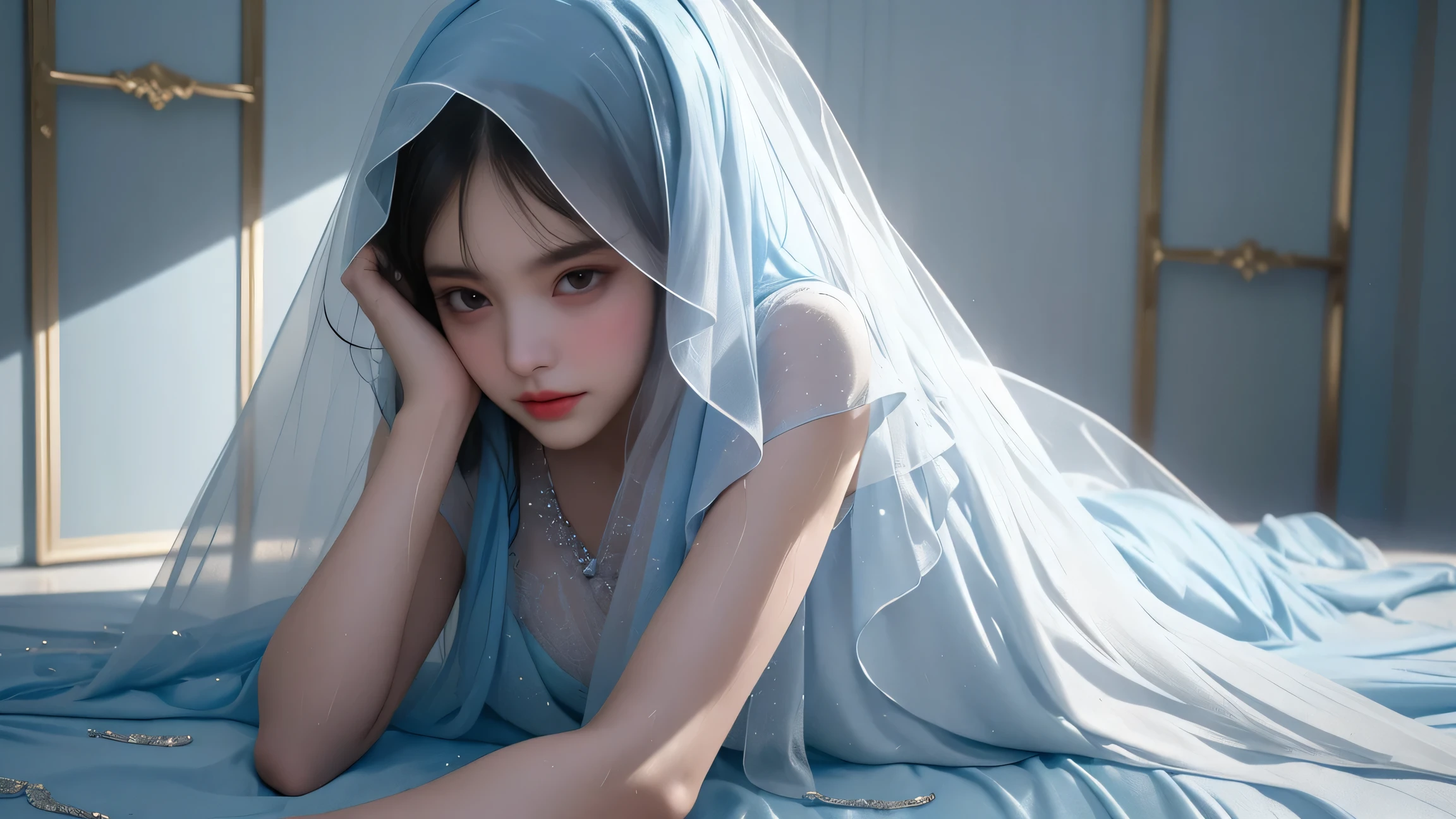 ( lies down),(Girl hiding with a wet light blue veil)、(best qualtiy)),((Superior Quality, 8k, tmasterpiece: 1.5)), Pubic area is clear: 1.2, Perfect Body Beauty: 1. 4) Wet Skin, smile, Film texture, Photorealistic, High image quality, 1 person, single, High hips、(Rear view),(Lie down,()Shake),