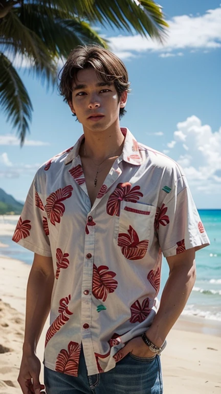 solo , 1man , American man , beach outfit , full Hawaiian shirt , look at the viewer ,