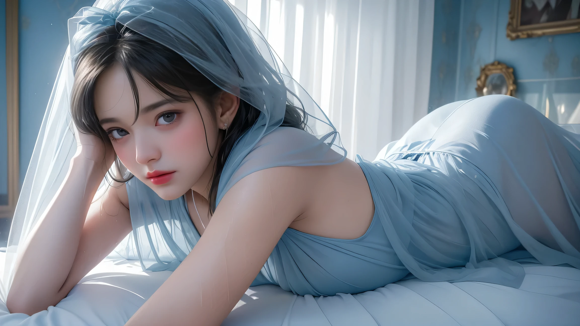 fashion modell, perfect big blue eyes, Perfect iris, Perfect lips, perfect teeth, flawless skin, Glow, (Subdued Color:1.2), Baby Face Woman,
Gorgeous dress up, snow white see-through lace dress,
Squatting,
Kamimei, Photorealsitic、8k picture, full picture