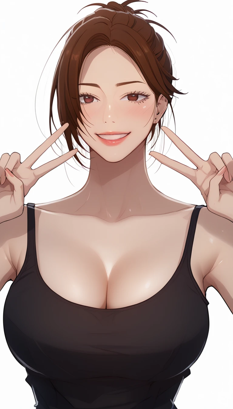 masterpiece, best quality, high quality, high resolution, high details, accurate, intricate details, 1girl, solo, scdef, Jung Eun-ea, brown hair, mature female, short hair, single hair bun, (black dress tank top), large breast, cleavage, looking at viewer, smile, close mouth, double V gesture, upper body, close-up