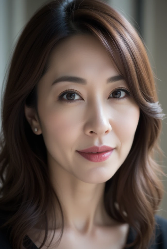 Mature Woman, ( Detailed description of the hair), (Detailed description of the face), (Detailed description of the body), High Definition , masterpiece,  top quality ,  High Details, formal: 1.4), ( realistic : 1.2, 超 realistic な: 1.1,  realistic: 1.37), ( sharp focus : 1.4),  is written by,  Physically Based Rendering,  wavy hair , ,  unrivaled beauty , (Ultimate beauty), (lipstick:1.1), ( eyeliner :1.2), ( mascara), ( Eye Shadow ), (48 years old,: 1.4),( Japanese)、 closeup 、 fine lines of laughter :1.2、seductive smile,,(black and white photography:1.5),Pleased, face forward