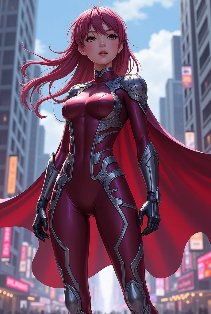 bikin hero costume perempuan casual, warna merah maroon dan silver, tipe kayak art anime 