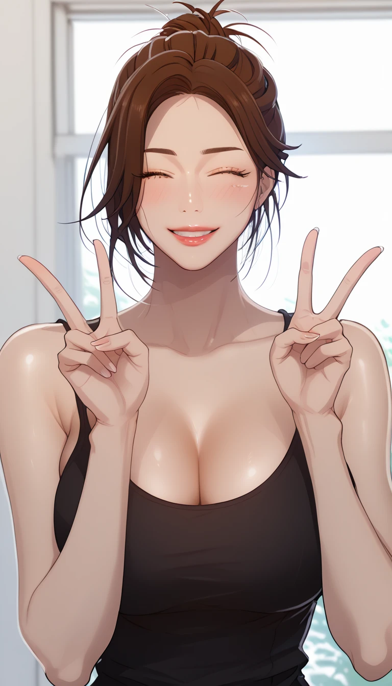 masterpiece, best quality, high quality, high resolution, high details, accurate, intricate details, 1girl, solo, scdef, Jung Eun-ea, brown hair, mature female, short hair, single hair bun, (black dress tank top), large breast, cleavage, looking at viewer, wink, smile, close mouth, double V gesture, upper body, close-up