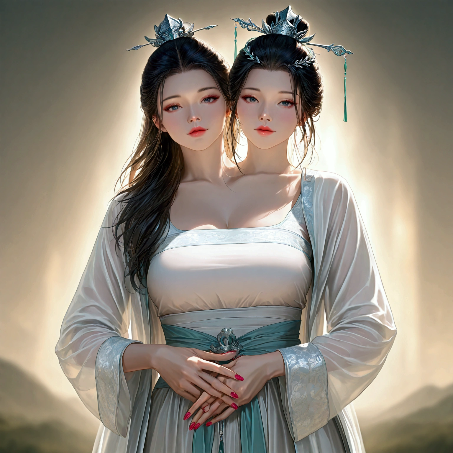 gufeng, guofeng, chinese clothes, white hanfu, 1girl, solo, nail polish, from viewer,  cowboy shot, 
masterpiece, best quality, realistic, 8k, official art, cinematic light, ultra high res, perfect female body, sharp focus, 
HDR, 8k, amazing quality, very aesthetic, absurdres, newest, (volumetric lighting), photorealistic, photo background, detailed skin, detailed eyes, detailed hair, fantasy,