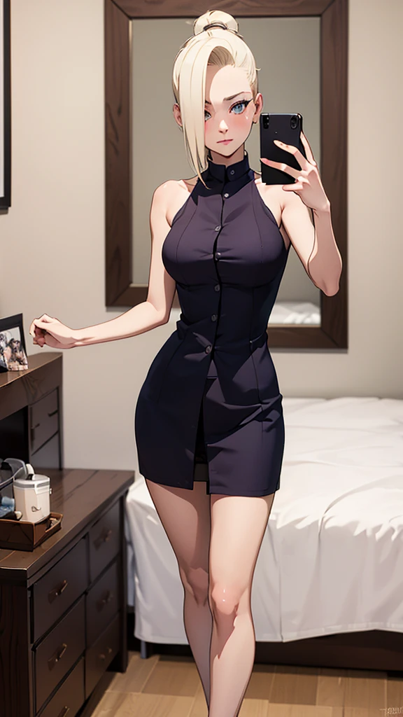 (( better quality)), (( masterpiece)), ((detailed)), perfect face, Yamanaka Ino, tight black skirt, brasier, in the room, en su cama, Do you take a selfie in the mirror High resolution ,  masterpiece,  precise,  The best quality ,  textured skin , , UHD,  a girl,  long legs ,  High resolution , High Details .ashamed, 