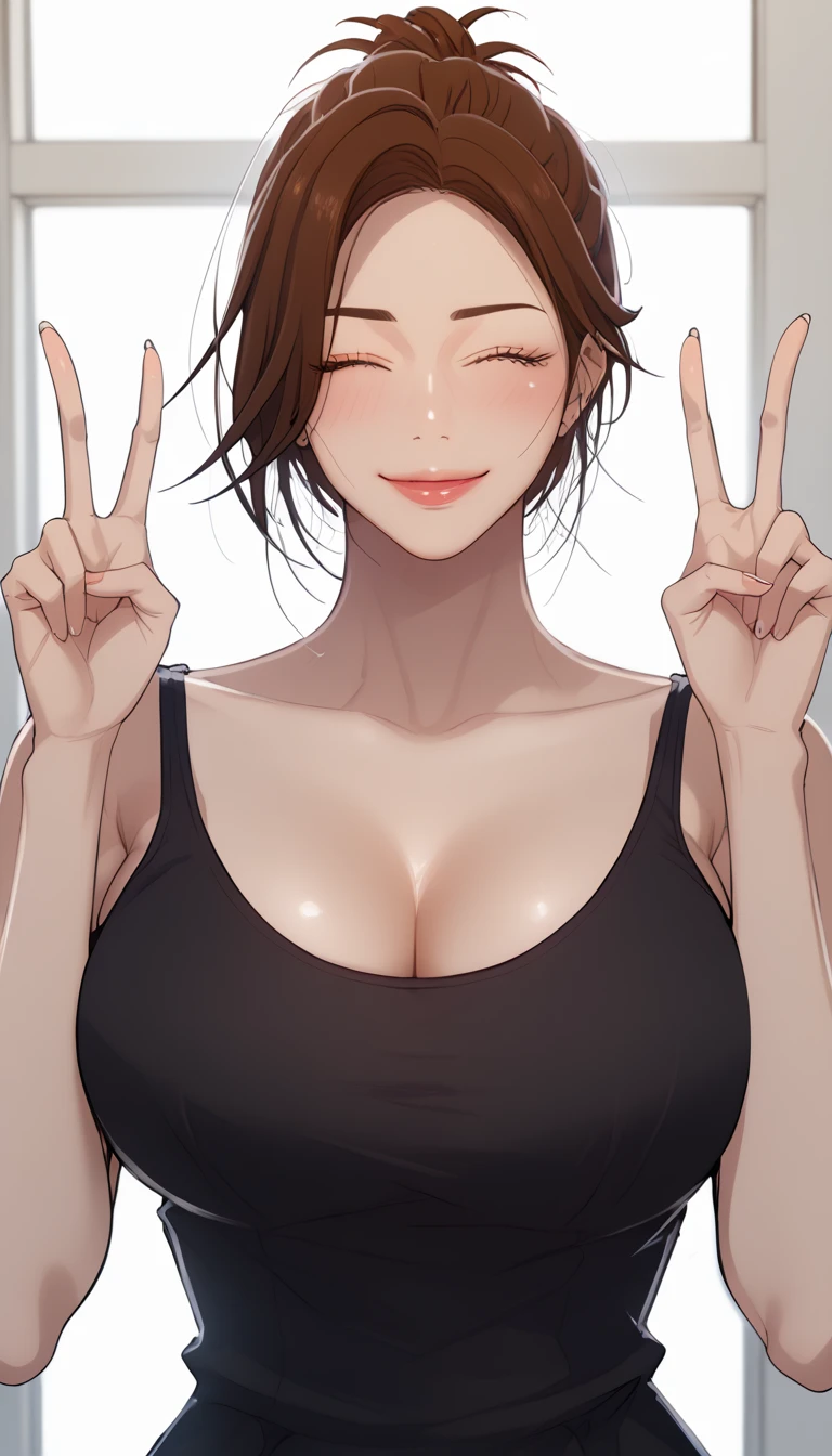 masterpiece, best quality, high quality, high resolution, high details, accurate, intricate details, 1girl, solo, scdef, Jung Eun-ea, brown hair, mature female, short hair, single hair bun, (black dress tank top), large breast, cleavage, looking at viewer, wink, smile, close mouth, double V gesture, upper body, close-up