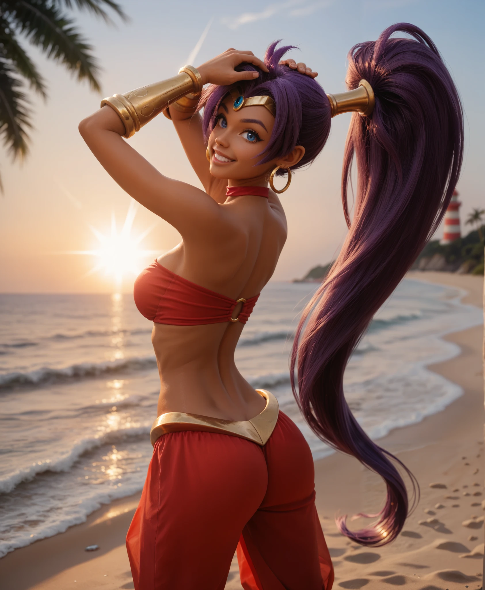 attracting 22yo <lora:Shantae:0.85> shantae \(pirate\), 1girl, solo, pointy ears, purple hair, smile, navel, dark skin, dark-skinned female, blue eyes, long hair, jewelry, earrings, beach, harem pants, cleavage, o-ring, choker, vest, o-ring top, bandana, stomach, midriff, high ponytail, bracer, bare shoulders, collarbone, thigh strap, red pants, shoes, open vest, vest (dynamic posing, cinematic composition), medium breasts, beautifully detailed woman, beautifully detailed mouth, extremely detailed eyes and face, beautiful attractive face, beautiful detailed eyes, pronounced feminine feature, matte eyeshadow, eyelashes, eyeliner, perfect thin body, smooth skin, dynamic posing, toned body, flat belly, BREAK color photo, ,Nikon F2 Camera, (full-body shot), best quality, absurdres, skin pores, intricate detail, (intricately detailed face and eyes), sophisticated detail, depth of field, (photorealistic, masterpiece, realistic lighting, sharp focus, hyper-realistic), centerfold, bokeh, official art, 8k wallpaper, ultra high res, professional photography, HDR, 8K resolution, analogue RAW DSLR,  low saturation