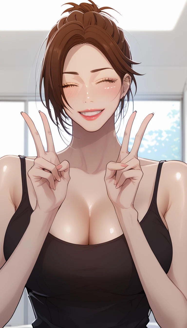 masterpiece, best quality, high quality, high resolution, high details, accurate, intricate details, 1girl, solo, scdef, Jung Eun-ea, brown hair, mature female, short hair, single hair bun, black dress tank top, large breast, cleavage, looking at viewer, wink, smile, close mouth, double V gesture, upper body, close-up