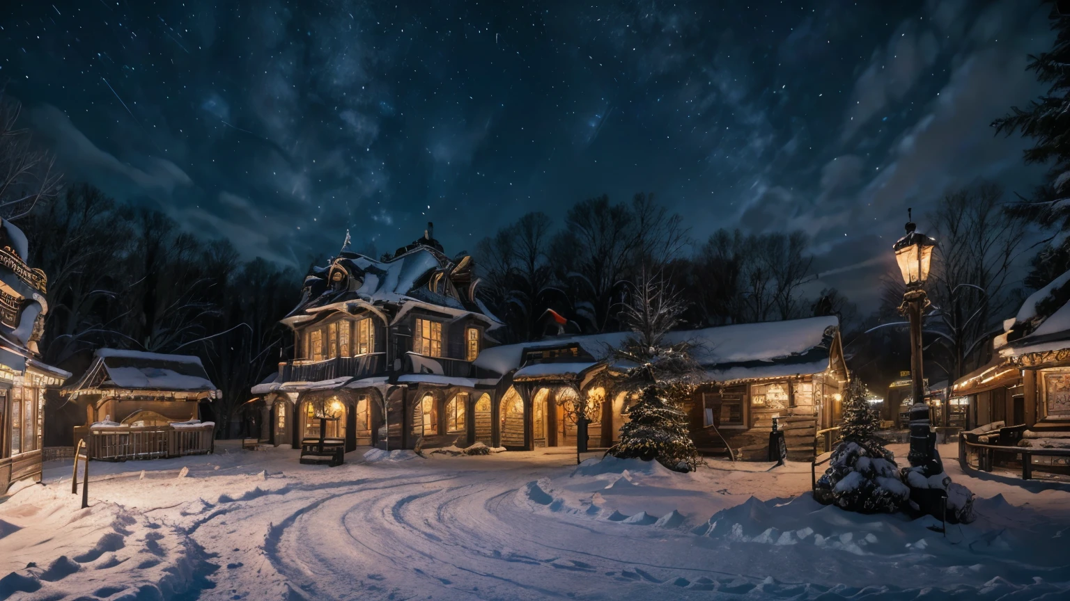 masterpiece, best quality, soft light, ultra high resolution, (photorealistic:1.4), Raw photo, Winter season atmosphere, snow, night, ((Being in the theme park)),