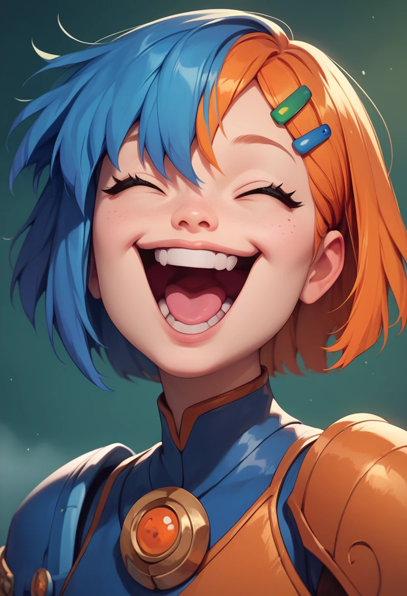  masterpiece ,  best quality , gwendolyn_Tennyson,  short orange hair ,  side fringe ,  blue hair clip, laughing, Blue body armor