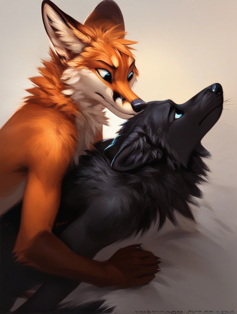 score_9, score_8_up, score_7_up, source_furry, rating_safe, by kenket, anthro, duo, male/male, wolf, black body, blue eyes, fox, orange body, doggy style, on bellies, hands on back, legs, disappointment, sad, fullbody portrait, strong
