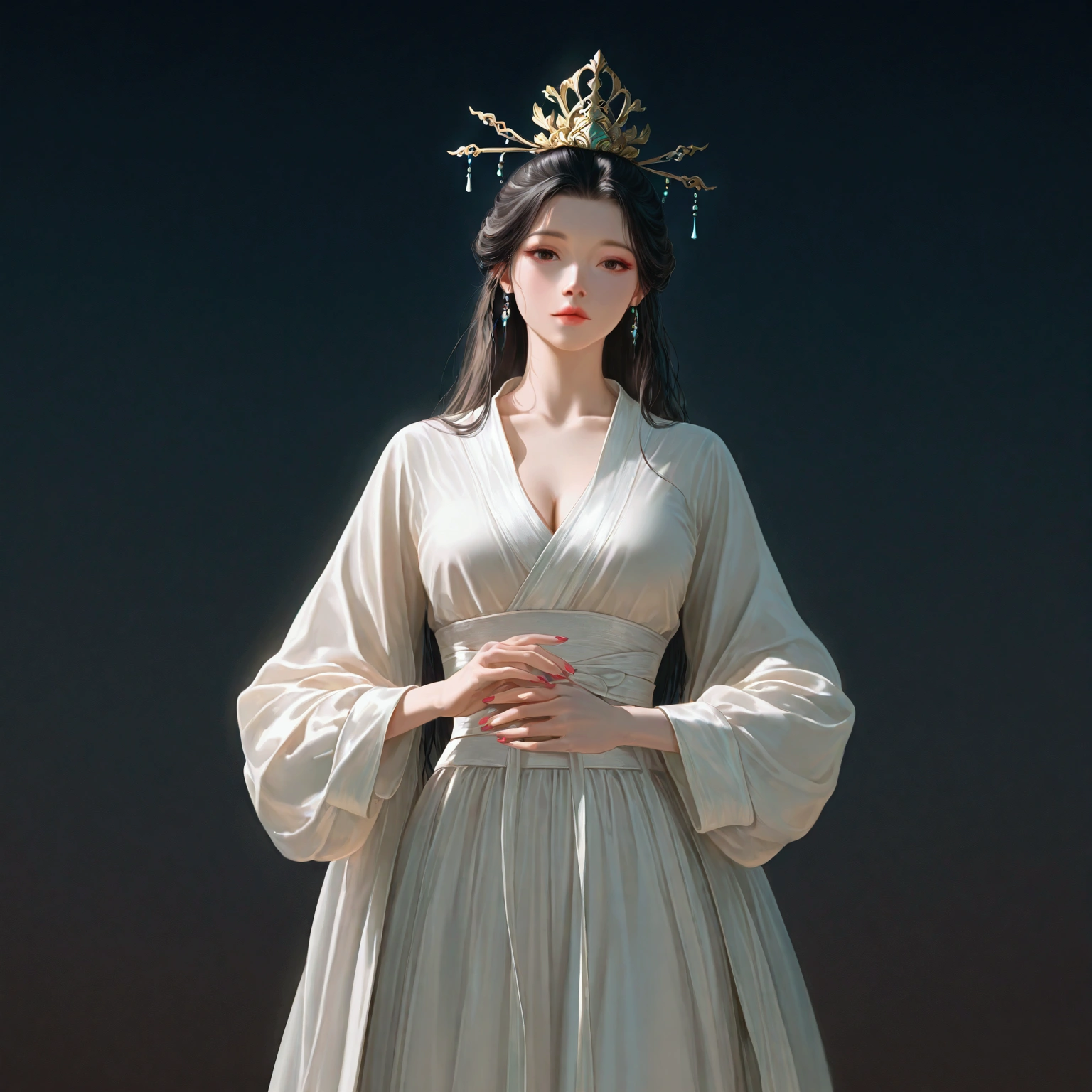 gufeng, guofeng, chinese clothes, white hanfu, 1girl, solo, nail polish, from viewer,  cowboy shot, 
masterpiece, best quality, realistic, 8k, official art, cinematic light, ultra high res, perfect female body, sharp focus, 
HDR, 8k, amazing quality, very aesthetic, absurdres, newest, (volumetric lighting), photorealistic, photo background, detailed skin, detailed eyes, detailed hair, fantasy,