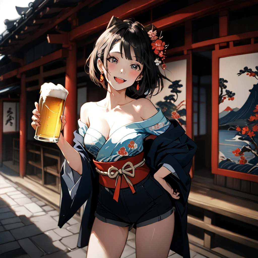 1 girl in a traditional Japanese yukata, reclining with a carefree expression, dead drunk, holds a glass of frothy beer in her right hand, cleavage gently spilling out, encircled in a warm, dimly lit room, the ambiance filled with the soft tones of a Japanese jazz score, music notes dancing in the air, creating an intimate, sultry atmosphere, captivating the viewer's heart, just like a painting by the renowned artist, Yasuhide Fukuoka.