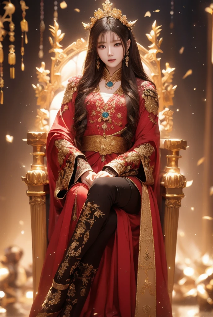  best quality、male、 Three Kingdoms、Sima Yan 、 in a glittering emperor's costume 、 sits on a throne、Resting one&#39;s chin on one&#39;s hand、 legs crossed、 doesn't grow a beard、 fearless smile 、、Arrogant attitude