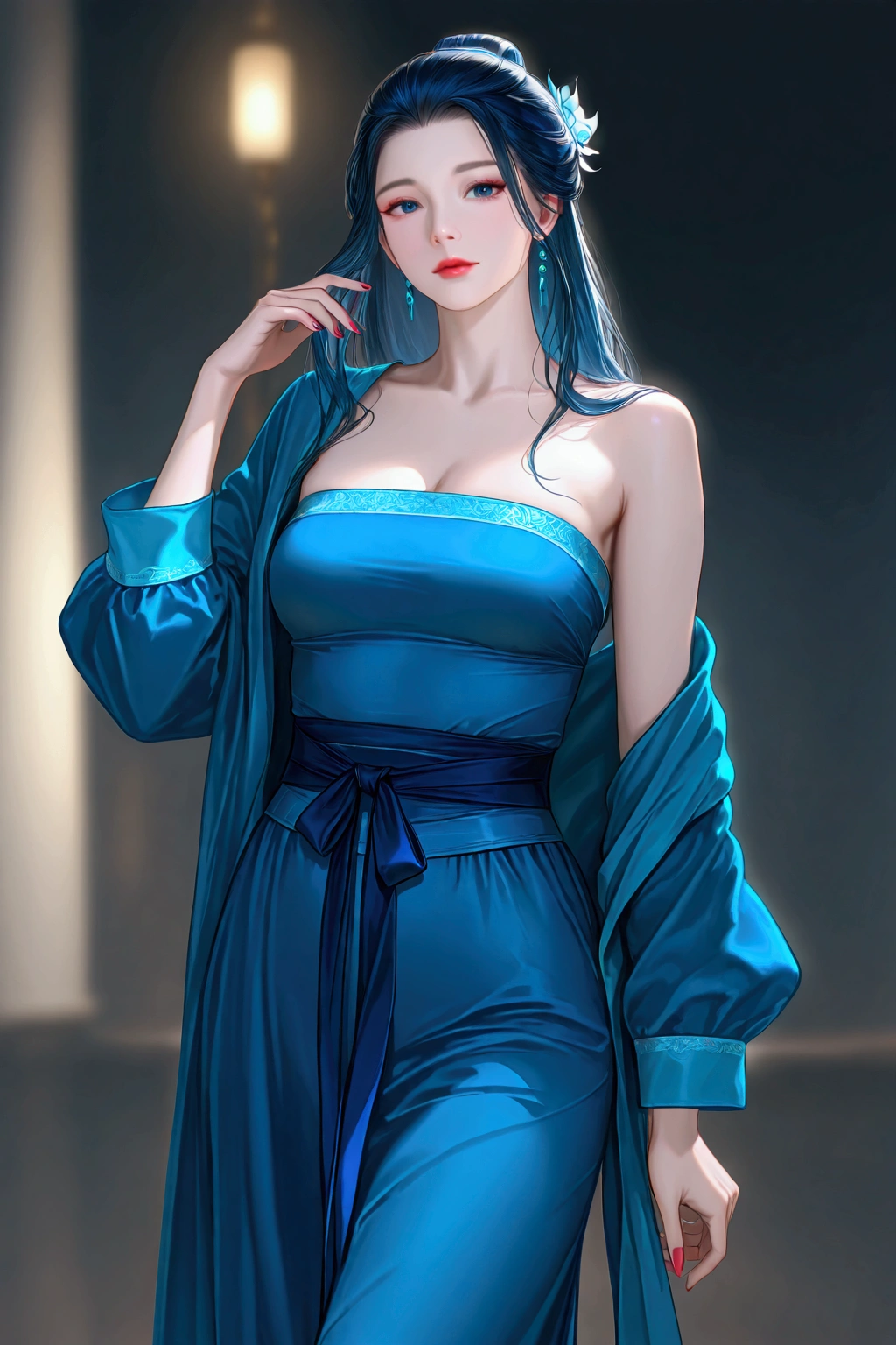 gufeng, guofeng, chinese clothes, blue hanfu, 1girl, solo, nail polish, from viewer,  cowboy shot, 
masterpiece, best quality, realistic, 8k, official art, cinematic light, ultra high res, perfect female body, sharp focus, 
HDR, 8k, amazing quality, very aesthetic, absurdres, newest, (volumetric lighting), photorealistic, photo background, detailed skin, detailed eyes, detailed hair, fantasy,