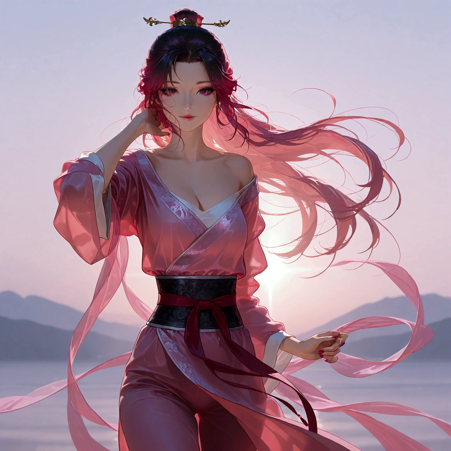 gufeng, guofeng, chinese clothes, pink hanfu, 1girl, solo, nail polish, from viewer,  cowboy shot, 
masterpiece, best quality, realistic, 8k, official art, cinematic light, ultra high res, perfect female body, sharp focus, 
HDR, 8k, amazing quality, very aesthetic, absurdres, newest, (volumetric lighting), photorealistic, photo background, detailed skin, detailed eyes, detailed hair, fantasy,