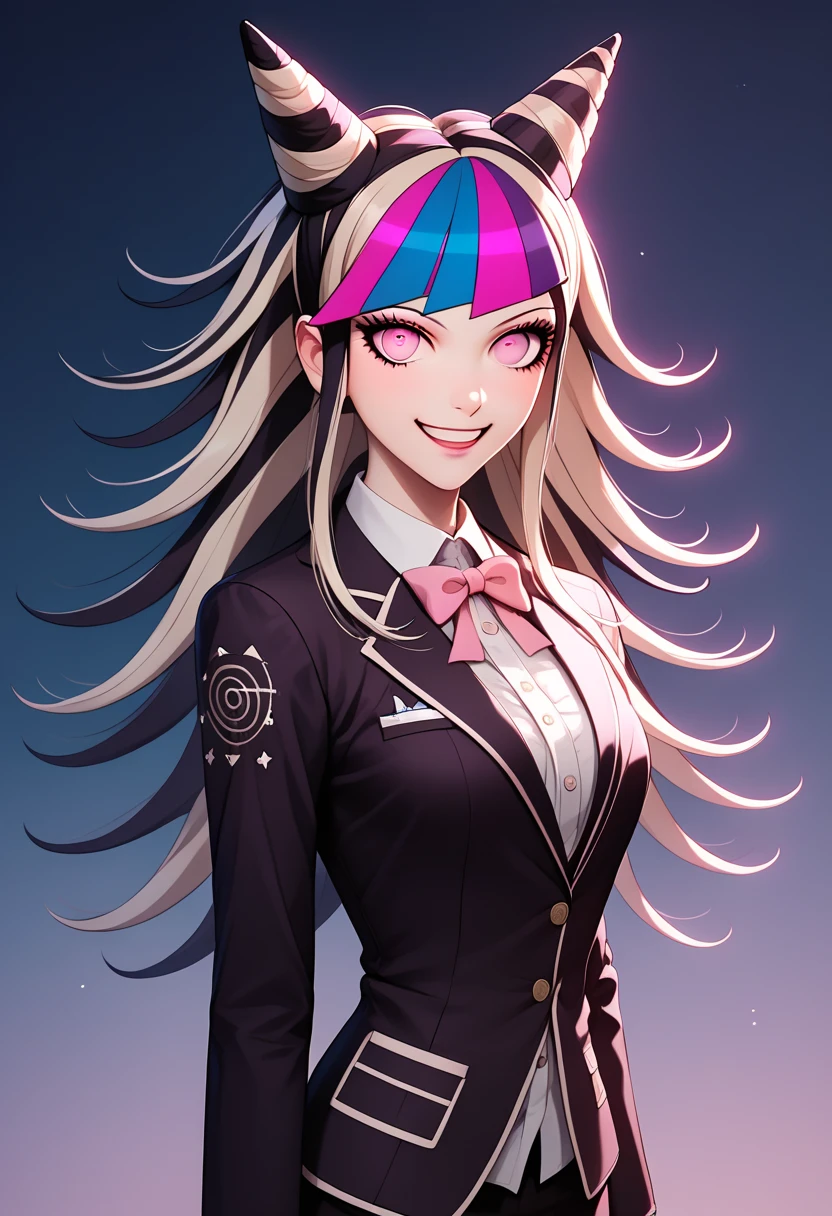 Mioda Ibuki /( Danganronpa /), ultra-detailed bank,  masterpiece ,  illustration, 8k,  masterpiece ,  realistic shadows , gradient,  volumetric lighting, ,  ambient lighting , cowboy shot, colorful, beautiful detailed eyes 1girl, Alone, (original clothes), to smile, { office background }, formal suit