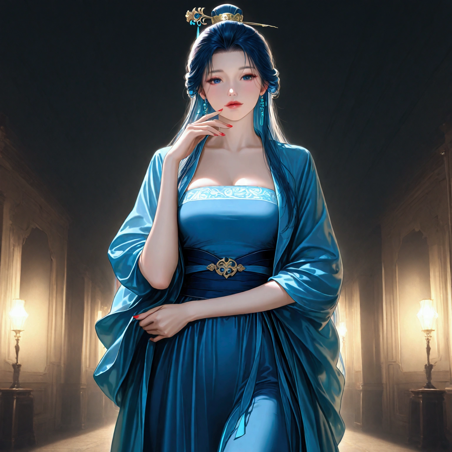 gufeng, guofeng, chinese clothes, blue hanfu, 1girl, solo, nail polish, from viewer,  cowboy shot, 
masterpiece, best quality, realistic, 8k, official art, cinematic light, ultra high res, perfect female body, sharp focus, 
HDR, 8k, amazing quality, very aesthetic, absurdres, newest, (volumetric lighting), photorealistic, photo background, detailed skin, detailed eyes, detailed hair, fantasy,