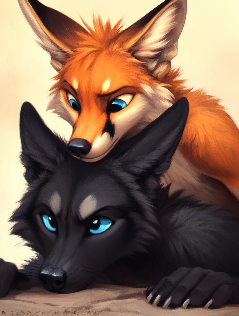 score_9, score_8_up, score_7_up, source_furry, rating_safe, by kenket, anthro, duo, male/male, wolf, black body, blue eyes, fox, orange body, doggy style, on bellies, hands on hips, legs, disappointment, sad, fullbody portrait, strong
