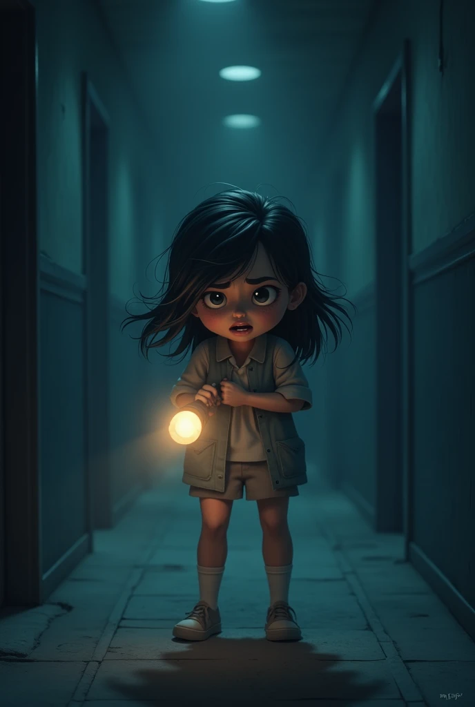 Generate in cinematic 3d cartoon style
young woman shivering and looking terrified, as a sudden cold breeze blows her hair and flashlight dims in a dark hallway.