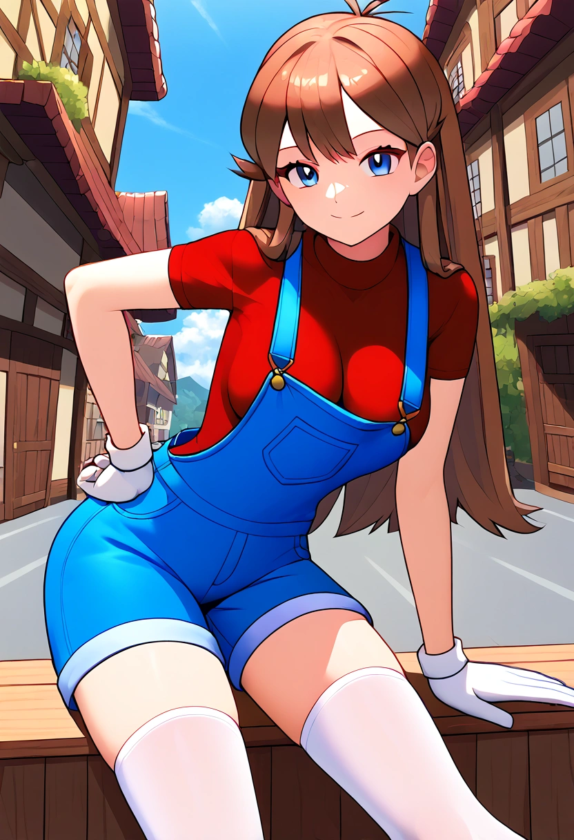  orange brown hair color,  long hair,  blue eyes, red long sleeve shirt , blue shorts overalls,  white knee-high stockings reflective on glass floors,  absolute domain,  Tall,  ANIME COLORING BOOK,  viewers of the pin, 1 Female, Age 18,  standing with different breasts , Three idiot hairs ,  with bangs, whole body, Place one hand on hip,  slim figure,  sexy smile,  Seductive Smile, Ample breasts, orange laces ,  top quality,  Detailed Background , Outdoor, town,  break 1 girl sitting, Alone, (\ Pokémon\),  score_9,  score_8_Excellent,  score_7_Excellent,  score_6_Excellent,  source_Anime,  cell shading ,  Flat Color , vector, Two legs,